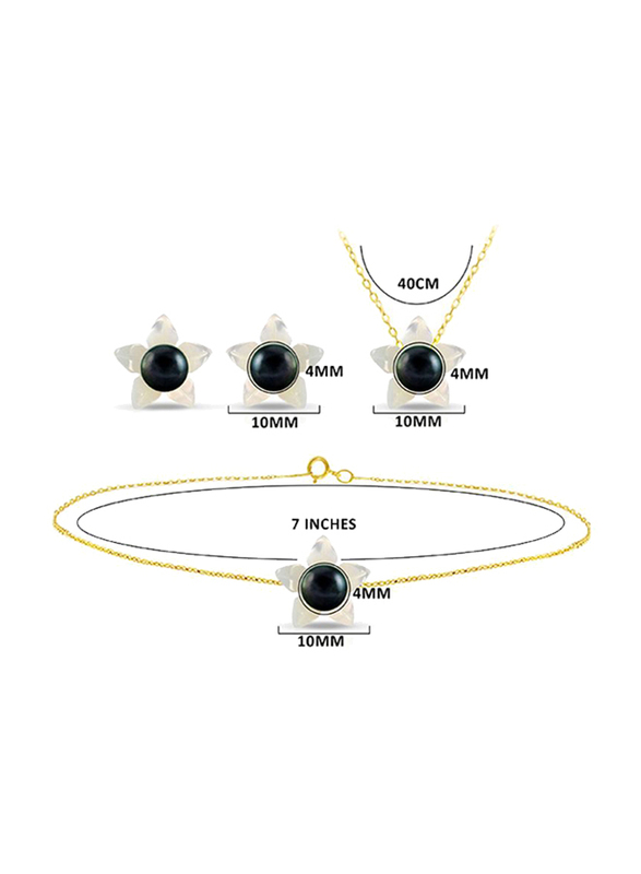 Vera Perla 4-Pieces 18k Solid Yellow Gold Jewellery Set for Women, with Mother of Pearl Flower Shape and 4mm Pearl, White/Black