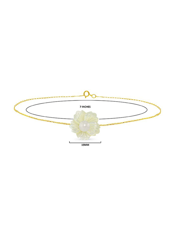 Vera Perla 18K Solid Yellow Gold Chain Bracelet for Women, with 19mm Flower Shape Mother of Pearl and 6-7mm Pearl Stone, Gold/White