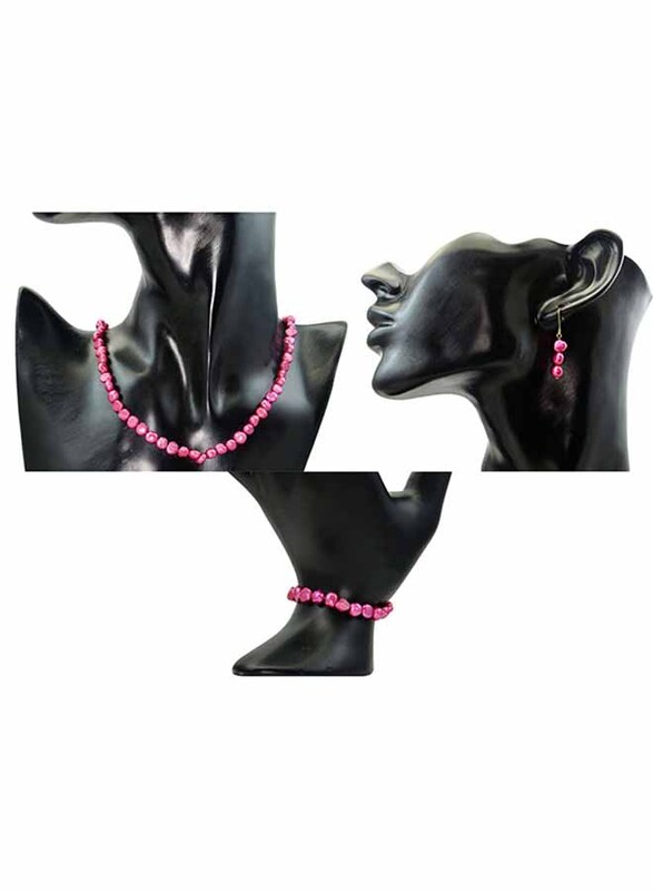 Vera Perla 3-Pieces 10K Gold Jewellery Set for Women, with 41cm Necklace, Bracelet and Earrings, with Pearl Stones, Pink