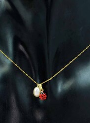 Vera Perla 18K Solid Gold Necklace for Women, with 7mm Pearl Stone and Beetle Pendant, Beige/Gold/Red