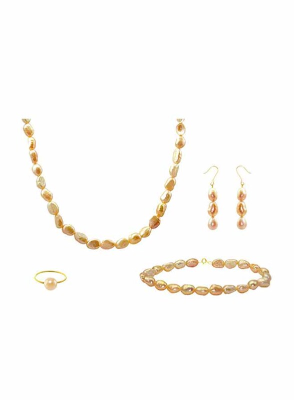 Vera Perla 4-Pieces 18K Gold Strand Jewellery Set for Women, with Necklace, Bracelet, Dangle Earrings and Ring, with Pearl Stones, Gold