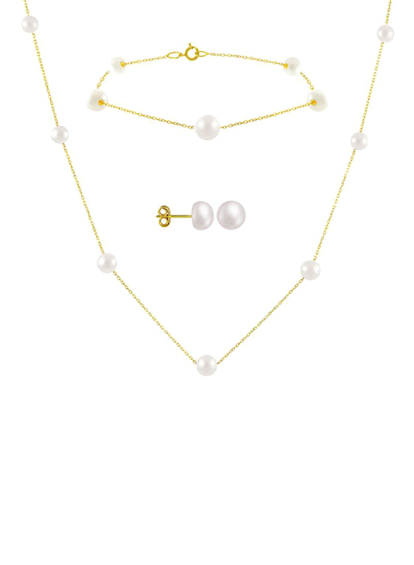 Vera Perla 3-Pieces 18K Gold Necklace for Women, with Earrings and Bracelet, with Pearl Stones, White