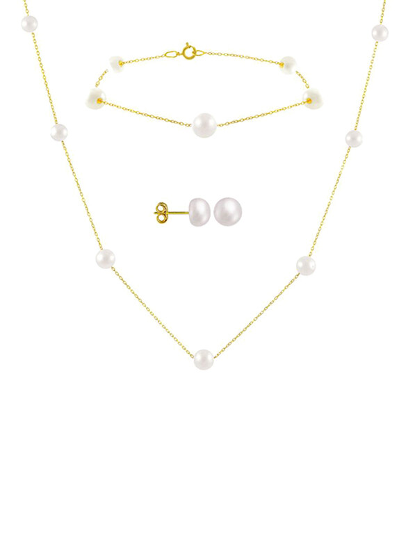 Vera Perla 3-Pieces 18K Gold Necklace for Women, with Earrings and Bracelet, with Pearl Stones, White