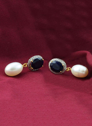 Vera Perla 18K Gold Drop Earrings for Women, with 0.24 ct Genuine Diamonds, Oval Sapphire & Pearl Stone, Blue/White