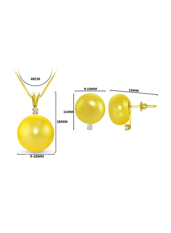 Vera Perla 2-Pieces 18K Gold Pendant Necklace and Earrings Set for Women, with 0.06ct Diamonds and 9-10 mm Pearls Stone, Yellow