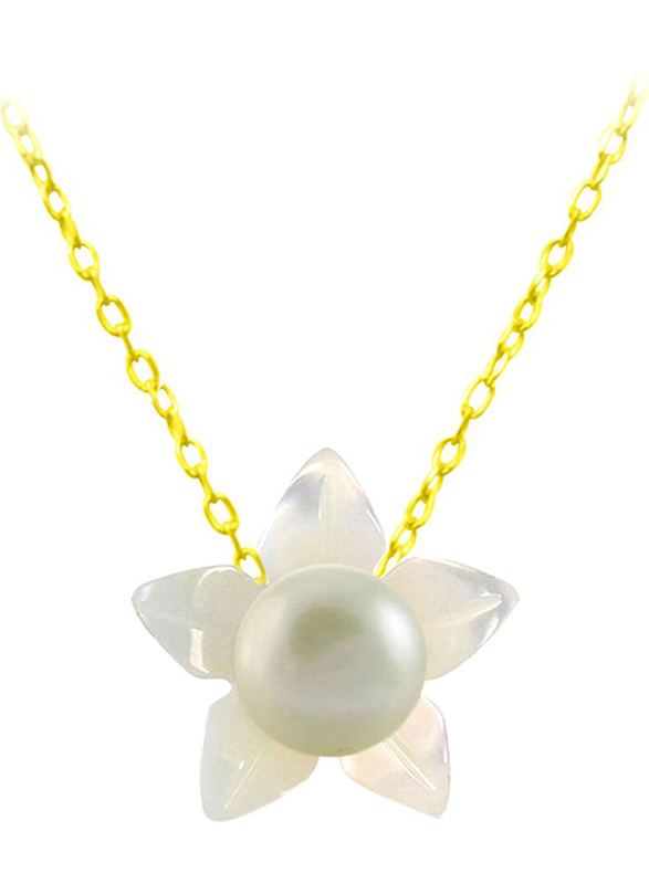 Vera Perla 18k Solid Yellow Gold Chain Necklace for Women, with Mother of Pearl Flower Shape and 4mm Pearl Pendant, White/Gold