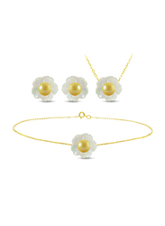 Vera Perla 3-Pieces 18K Solid Yellow Gold Jewellery Set for Women, with Necklace, Bracelet and Earrings, with Mother of Pearl Shell and 4mm Pearl Stones, White/Yellow