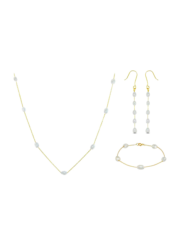 Vera Perla 3-Piece 18K Gold Jewellery Set for Women, with Pearls Stone, Necklace, Bracelet and Earrings, Gold/White