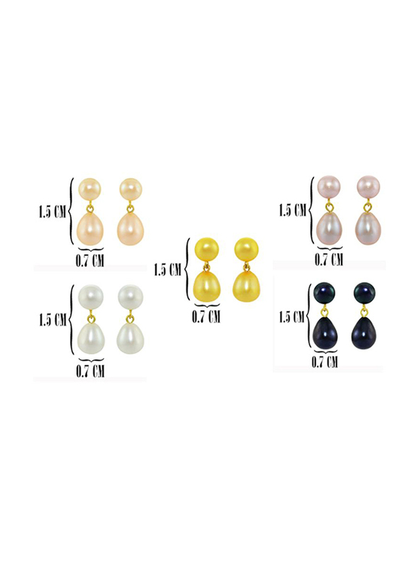 Vera Perla 5-Pieces 18K Gold Dangle Earrings Set for Women, with 7mm Pearl Stones, Multicolour