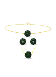 Vera Perla 3-Pieces 10K Solid Jewellery Set for Women, with Necklace, Bracelet and Earrings, with 10 mm Crystal Ball, Gold/Dark Green