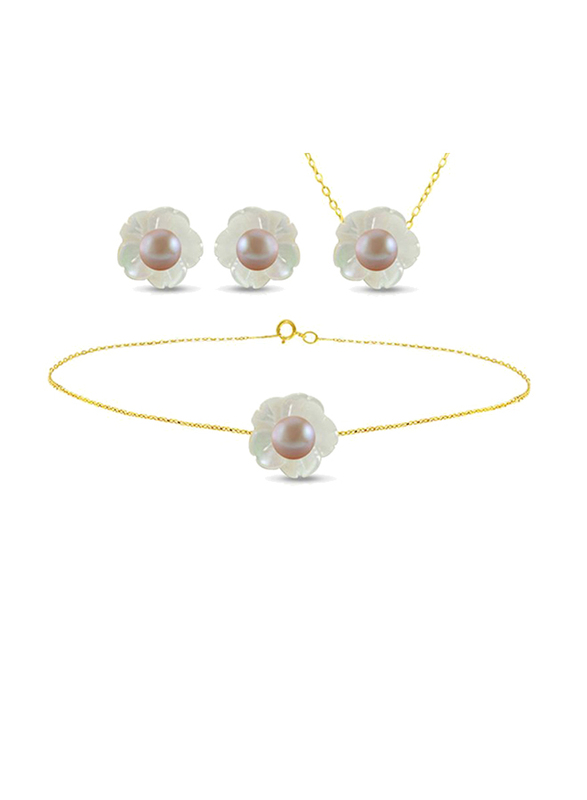 Vera Perla 3-Pieces 18K Solid Yellow Gold Jewellery Set for Women, with Necklace, Bracelet and Earrings, with Mother of Pearl Shell and 4mm Pearl Stones, White/Purple