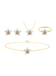 Vera Perla 5-Pieces 18k Solid Yellow Gold Jewellery Set for Women, with Mother of Pearl Flower Shape and 4mm Pearl, White/Purple