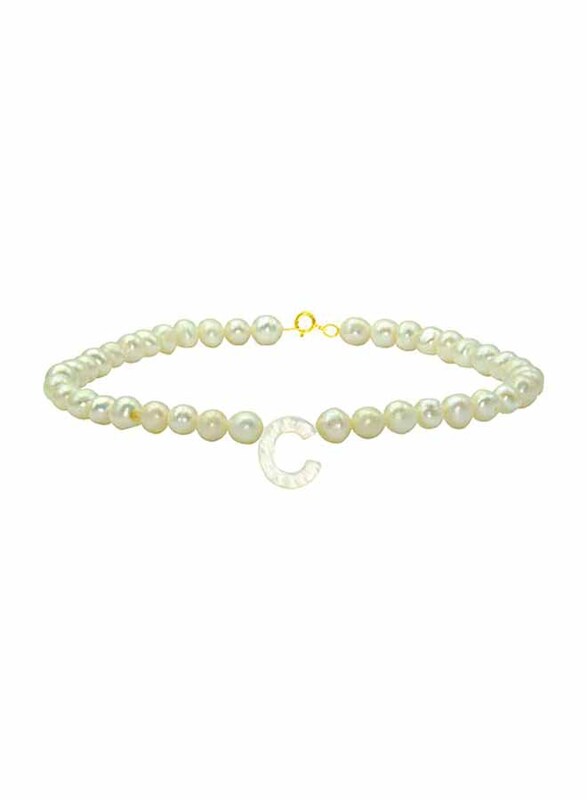 Vera Perla 18K Gold Strand Beaded Bracelet for Women, with Letter C Mother of Pearl and Pearl Stone, White
