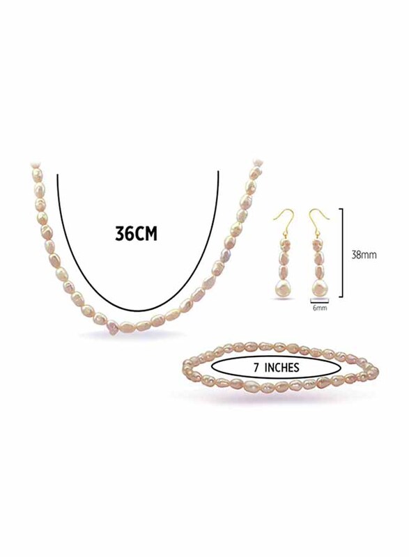 Vera Perla 3-Pieces 18K Gold Jewellery Set for Women, with Necklace, Bracelet and Earrings, with Pearl Stones, Off White