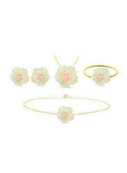 Vera Perla 4-Pieces 18K Solid Yellow Gold Pendant Necklace, Bracelet, Ring and Earrings Set for Women, with 19mm Flower Shape Mother of Pearl and 6-7mm Pearl, White/Gold/Peach