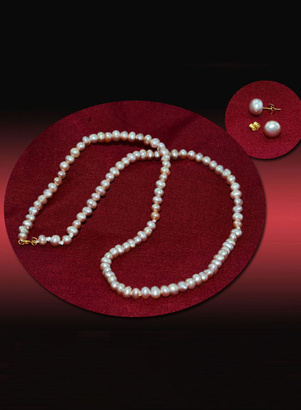 Vera Perla 2-Pieces 18K Gold Jewellery Set for Women, with Necklace & Earrings, with Pearl Stone, Purple