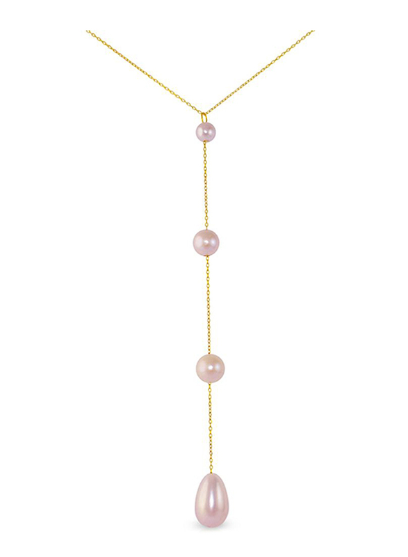 Vera Perla 10K Gold Lariat Necklace for Women Built-in Gradual Drop Pearls Stone, Purple