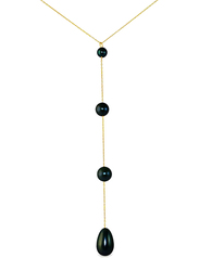 Vera Perla 18K Gold Lariat Necklace for Women, with Built-in Gradual and Drop Pearls Stone, Gold/Black
