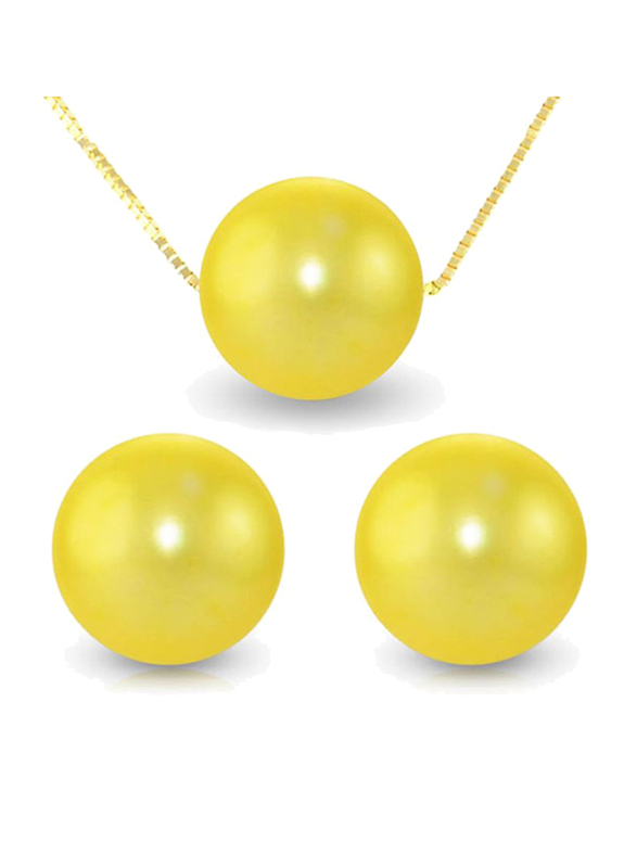 Vera Perla 2-Pieces 18K Solid Yellow Gold Necklace for Women, with Necklace and Earrings, with 8mm Pearl Stones, Gold/Yellow