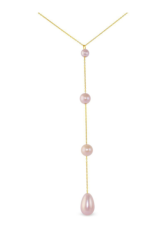 Vera Perla 18K Gold Lariat Necklace for Women Built-in Gradual Drop Pearls Stone, Purple