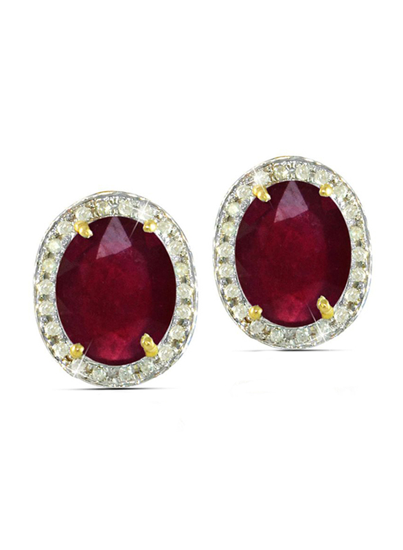 Vera Perla 18K Gold Stud Earrings for Women, with 0.24 ct Diamonds and Oval Cut Ruby Stone, Red