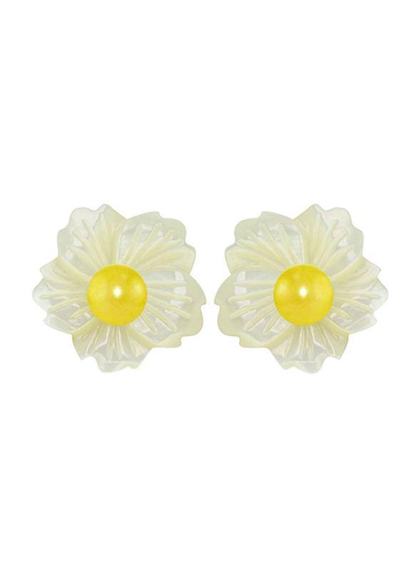 Vera Perla 18K Solid Yellow Gold Screw Back Earrings for Women, with 19mm Flower Shape Mother of Pearl and 6-7mm Pearl Stone, Jade/Yellow