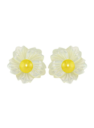 Vera Perla 18K Solid Yellow Gold Screw Back Earrings for Women, with 19mm Flower Shape Mother of Pearl and 6-7mm Pearl Stone, Jade/Yellow