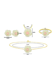 Vera Perla 4-Pieces 18K Solid Yellow Gold Pendant Necklace, Bracelet, Ring and Earrings Set for Women, with 19mm Flower Shape Mother of Pearl and 6-7mm Pearl, White/Gold/Peach