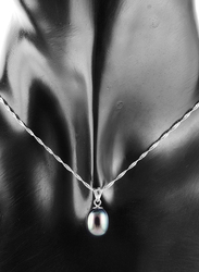 Vera Perla 925 Sterling Silver Pendant Necklace for Women, with Diamond & Pearl Stone, Silver/Black