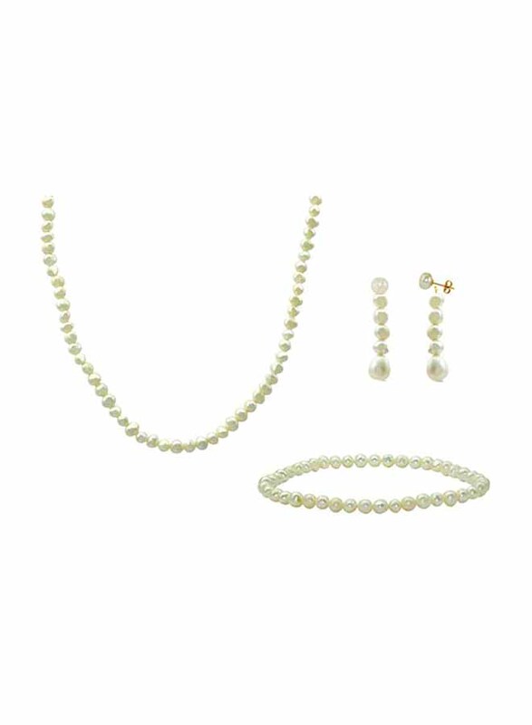 Vera Perla 3-Pieces 18K Gold Jewellery Set for Women, with Necklace, Bracelet and Dangle Earrings, with Pearl Stones, White