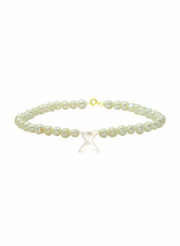 Vera Perla 10K Gold Strand Beaded Bracelet for Women, with Letter X Mother of Pearl and Pearl Stone, White