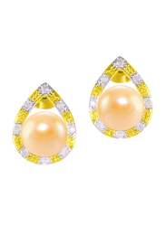Vera Perla 18K Solid Gold Simple Balls Earrings for Women, with 0.16 ct Diamonds and 7mm Pearl Stone, Gold/Silver/Rose Gold