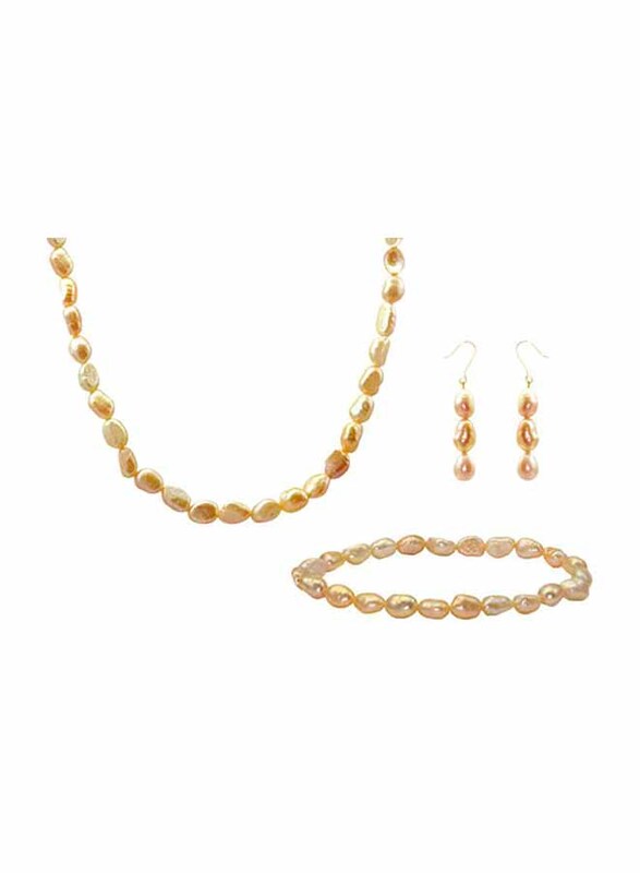 Vera Perla 3-Pieces 10K Gold Jewellery Set for Women, with 37cm Necklace, Bracelet and Hoop Earrings, with Pearl Stones, Rose Gold