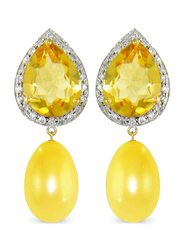 Vera Perla 18K Gold Pearl Stone Dangle Earring for Women, with 0.24 ct Genuine Diamond & Citrine Stone, Yellow