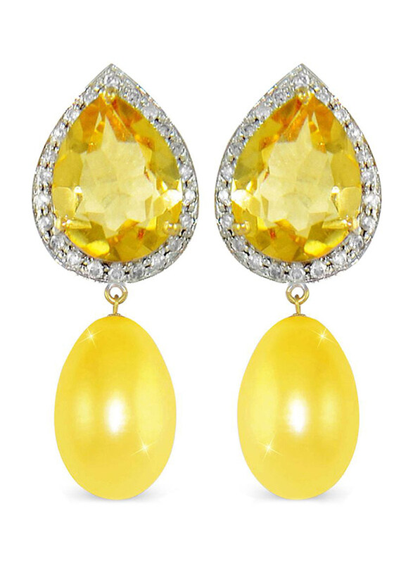 Vera Perla 18K Gold Pearl Stone Dangle Earring for Women, with 0.24 ct Genuine Diamond & Citrine Stone, Yellow