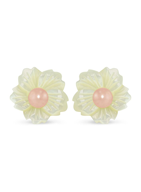 Vera Perla 18K Solid Yellow Gold Screw Back Earrings for Women, with 19mm Flower Shape Mother of Pearl and 6-7mm Pearl Stone, Jade/Pink
