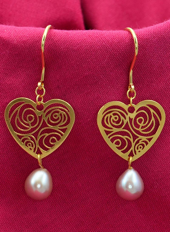 Vera Perla 18K Solid Yellow Gold Heart Dangle Earrings for Women, with 7mm Drop Pearl Stone, Purple/Gold