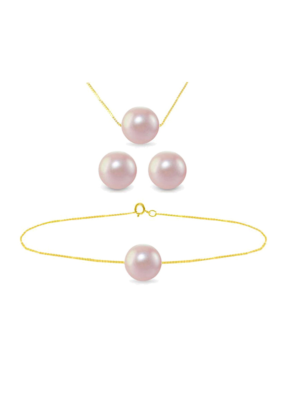 Vera Perla 3-Pieces 18K Solid Yellow Gold Jewellery Set for Women, with Necklace, Bracelet and Earrings, with 8mm Pearl Stones, Gold/Purple