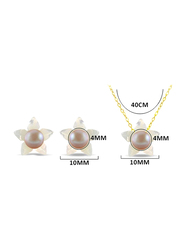 Vera Perla 3-Pieces 18k Solid Yellow Gold Jewellery Set for Women, with Necklace, Bracelet and Earrings, with Mother of Pearl Flower Shape and 4mm Pearl, White/Purple