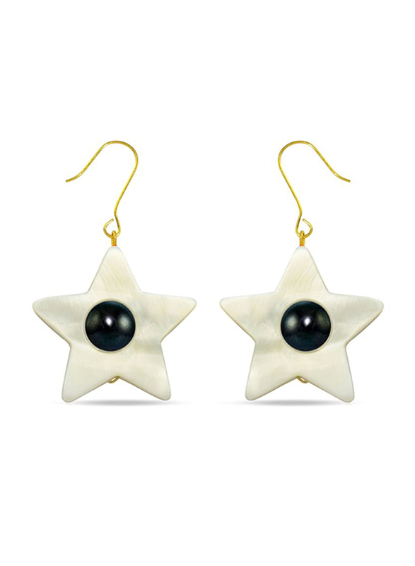 Vera Perla 18K Solid Yellow Gold Simple Dangle Earrings for Women, with Star Shape Mother of Pearl and 6-7mm Pearl Stone, White/Gold/Black