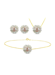 Vera Perla 3-Pieces 18K Solid Yellow Gold Jewellery Set for Women, with Necklace, Bracelet and Earrings, with 13mm Mother of Pearl Flower Shape, with 4 mm Pearl Stones, Gold/Jade/Purple