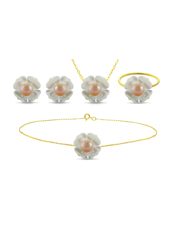Vera Perla 4-Pieces 18K Solid Yellow Gold Jewellery Set for Women, with Necklace, Bracelet, Earrings and Ring, with 13mm Mother of Pearl Flower Shape, with 4 mm Pearl Stones, Gold/Jade/Beige