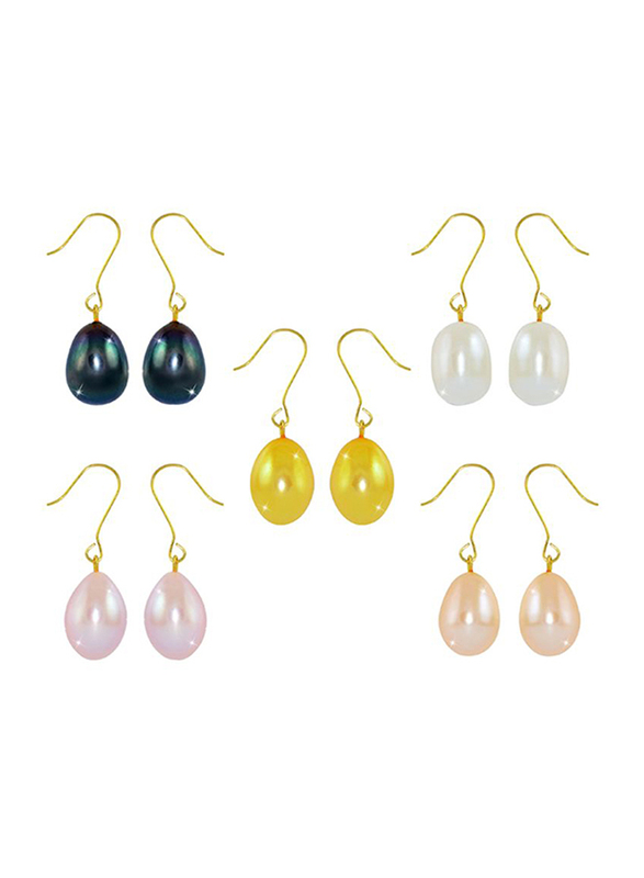 Vera Perla 5-Pieces 10K Gold Drop Earring Set for Women, with Pearls Stone, Multicolour