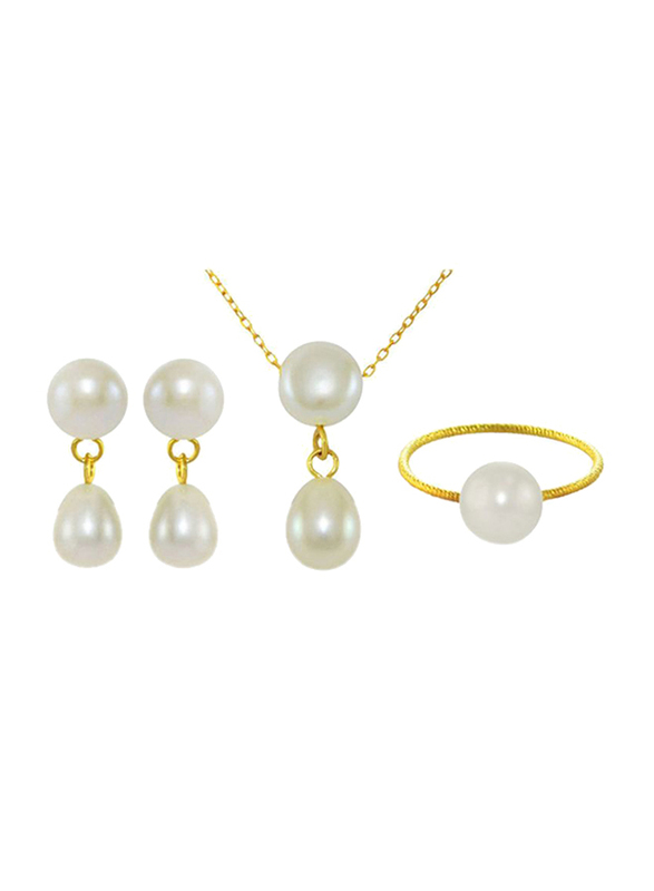 Vera Perla 3-Pieces 18k Yellow Gold Drop Jewellery Set for Women, with Necklace, Bracelet and Earrings, with Pearl Stone, White