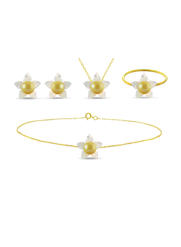 Vera Perla 5-Pieces 18k Solid Yellow Gold Jewellery Set for Women, with Mother of Pearl Flower Shape and 4mm Pearl, White/Yellow