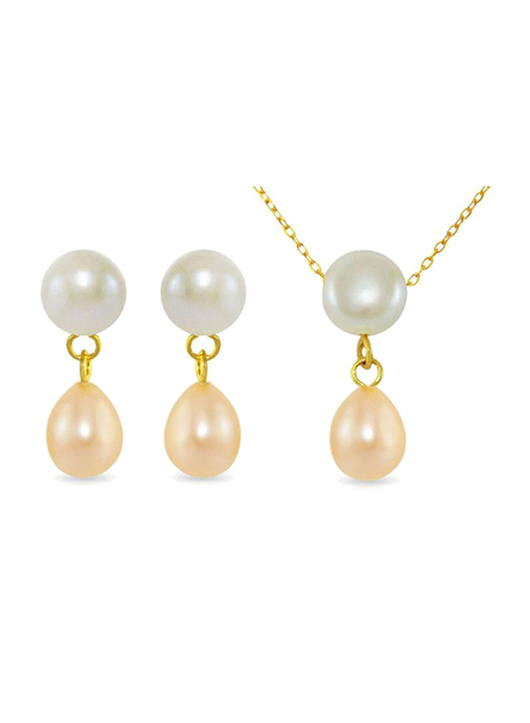 Vera Perla 3-Pieces 18k Yellow Gold Drop Jewellery Set for Women, with Necklace, Bracelet and Earrings, with Pearl Stone, White/Beige