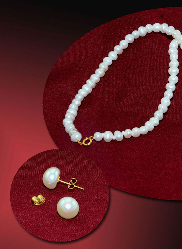 Vera Perla 2-Pieces 18K Gold Jewellery Set for Women, with Necklace & Earrings, with Pearl Stone, White