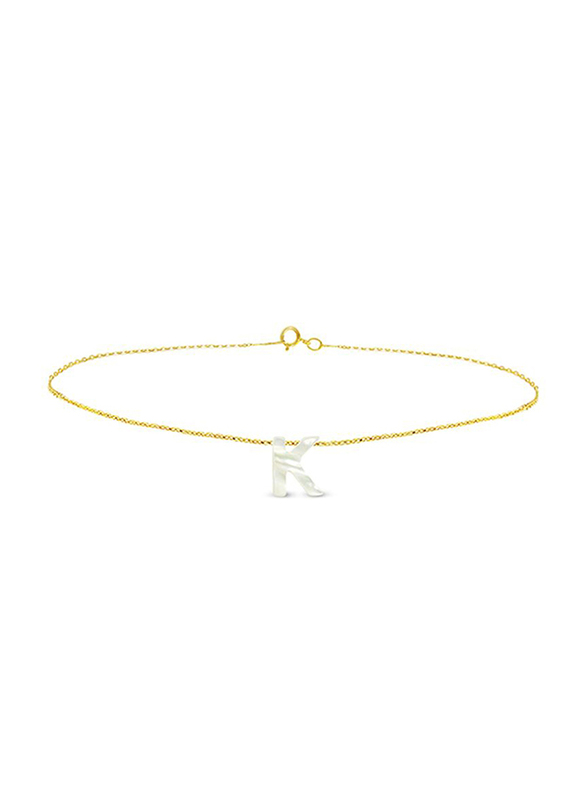 Vera Perla 18K Gold Charm Bracelet for Women, with K Letter Mother of Pearl Stone, Gold/White