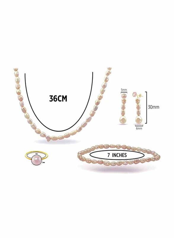 Vera Perla 4-Pieces 10K Gold Jewellery Set for Women, with Necklace, Bracelet, Ring and Earrings, with Pearl Stones, Rose Gold/Pink