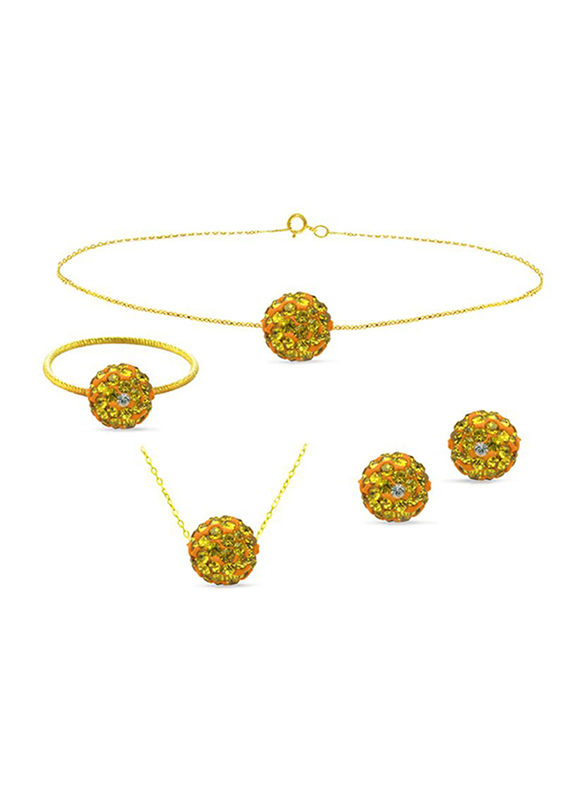 Vera Perla 4-Pieces 18K Solid Yellow Gold Simple Pendant Necklace, Bracelet, Ring and Earrings Set for Women, with 10mm Crystal Ball, Green/Orange/Gold